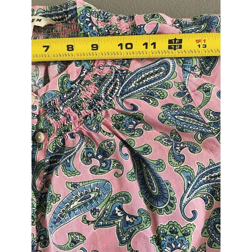 Boden Ada Linen Top Rose Damask Sz8 Pink Green Paisley Smocked Puff Sleeve Boho